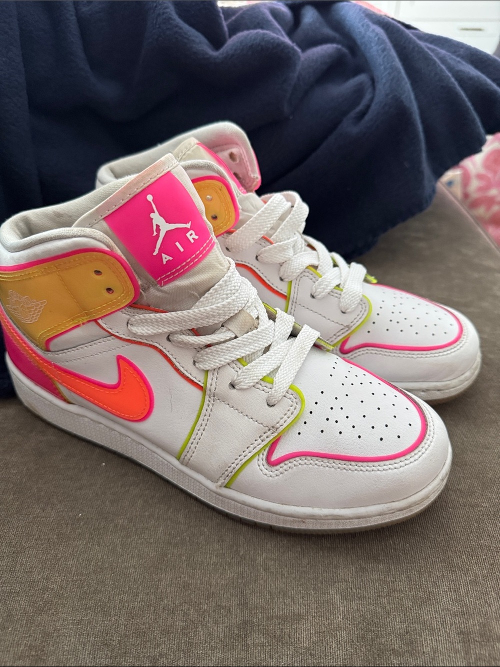 Nike White High-Top Sneakers with Neon Pink, Orange and Lime Accents